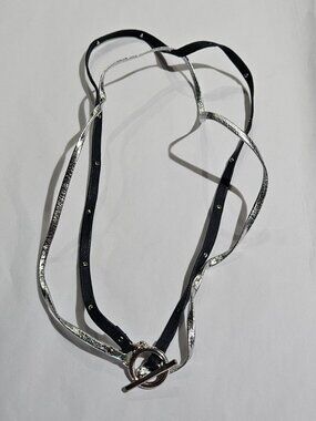 2 Strand Faux Leather Necklace Black Silvertone Toggle Clasp 18 inches Long